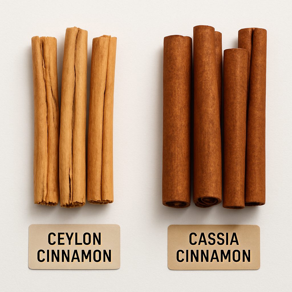 Ceylon cinnamon vs cassia cinnamon comparison showing the visual difference