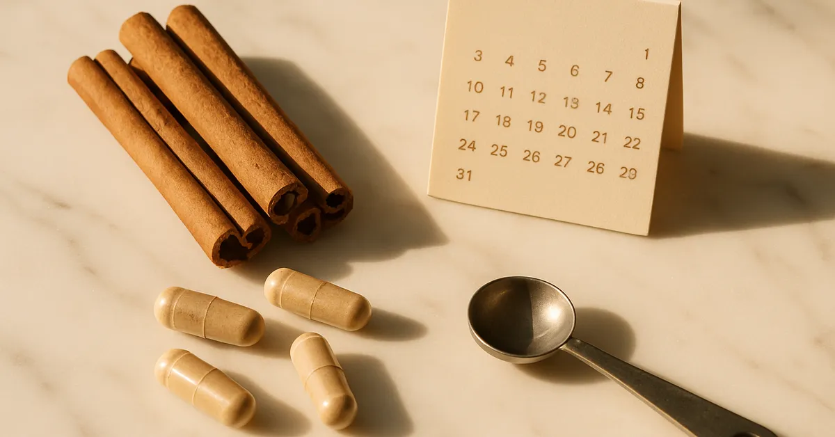 Cinnamon sticks and supplement capsules with measuring spoon for PCOS dosage guidance